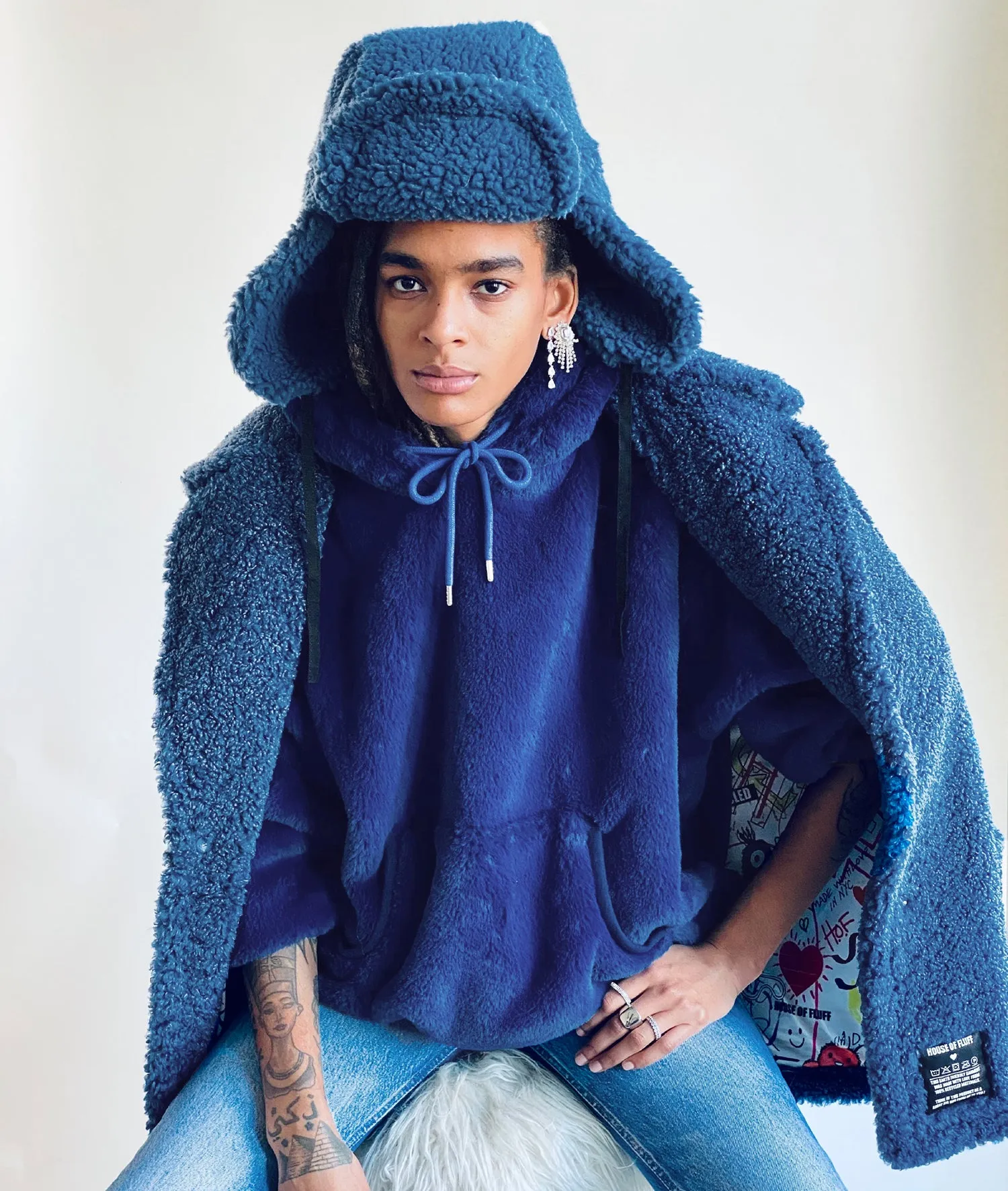 100% Recycled Shearling Oversized Peacoat - French Blue