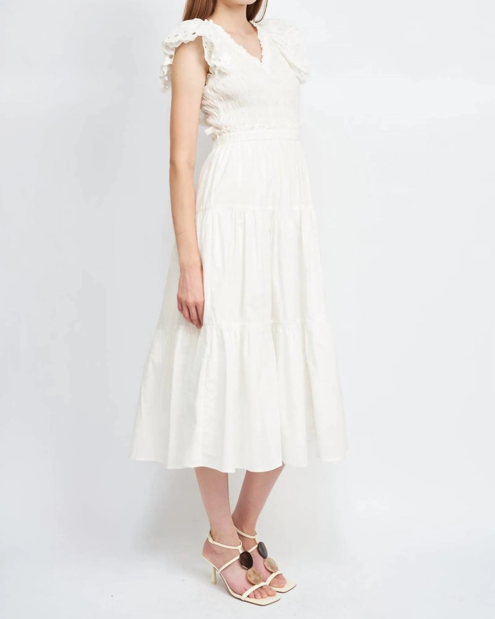 Alana Smocked Midi Dress In White | White