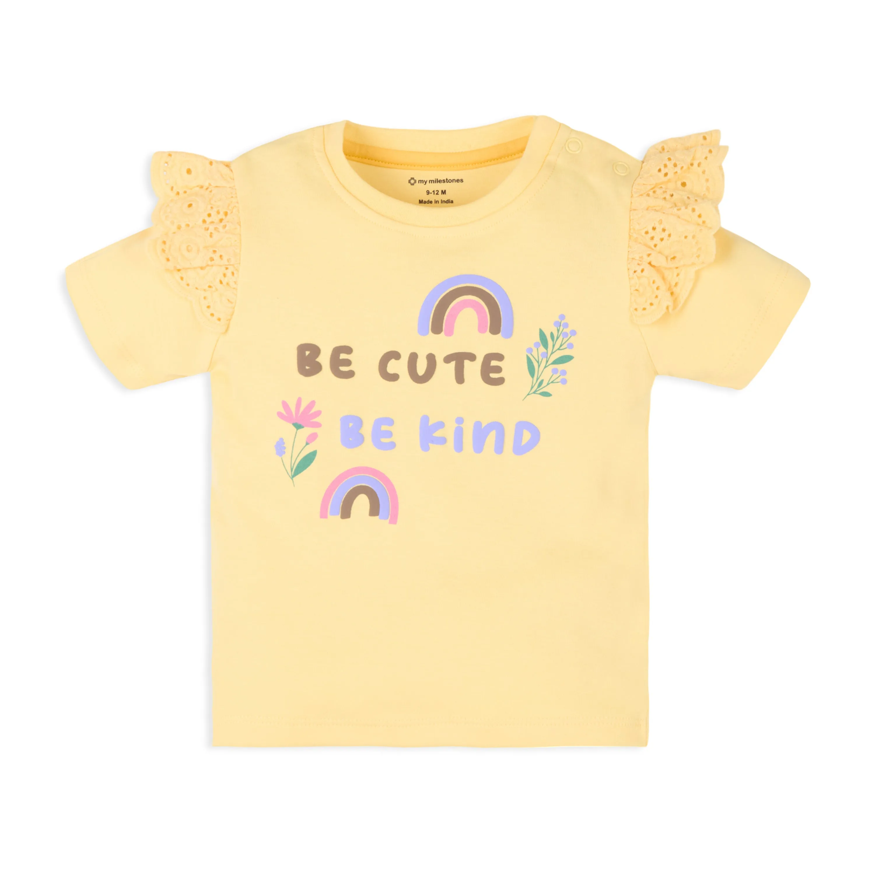Baby Girl Puff Print Round Neck Tee With Schiffli Details Shorts - Yellow