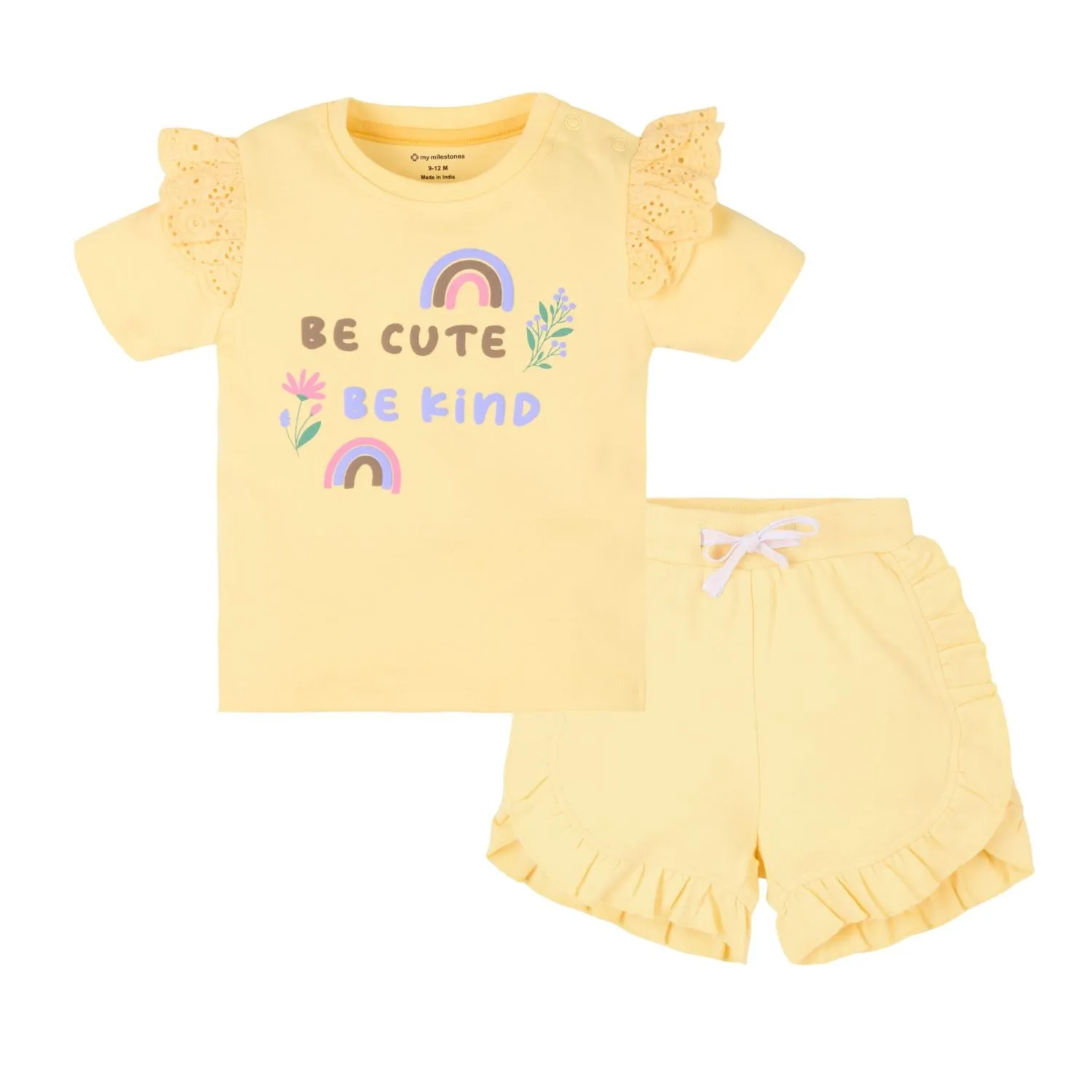 Baby Girl Puff Print Round Neck Tee With Schiffli Details Shorts - Yellow