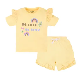 Baby Girl Puff Print Round Neck Tee With Schiffli Details Shorts - Yellow