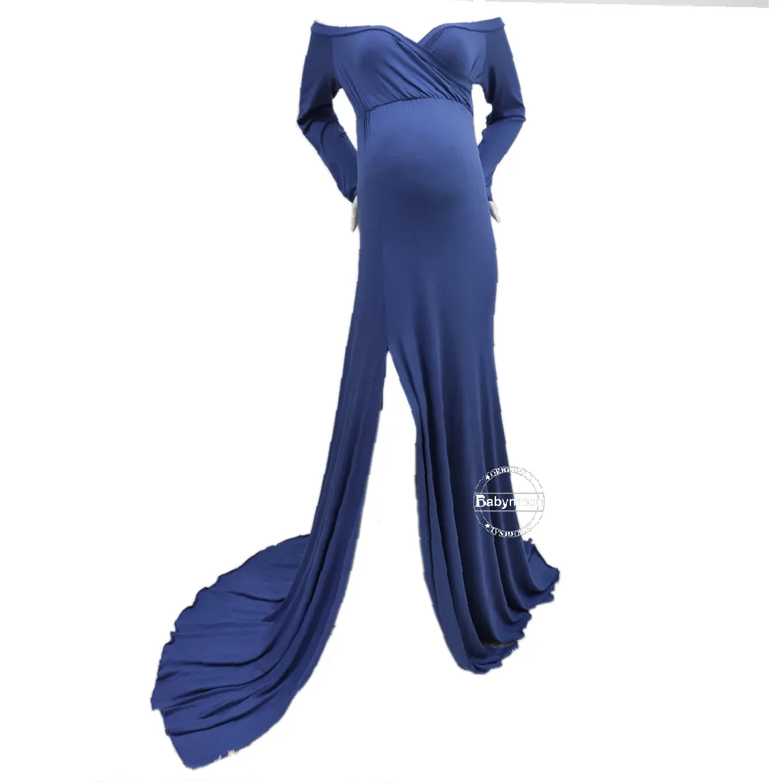 Babymoon Off Shoulder Full Sleeve Maternity Gown Dress - Blue