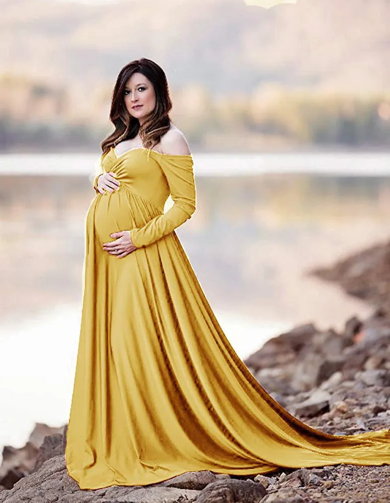 Babymoon Off Shoulder Maternity Gown Dress - Yellow