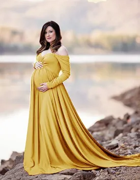 Babymoon Off Shoulder Maternity Gown Dress - Yellow