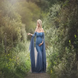 Babymoon Stretchable Off Shoulder Dropping Sleeve Maternity Gown Dress | Blue
