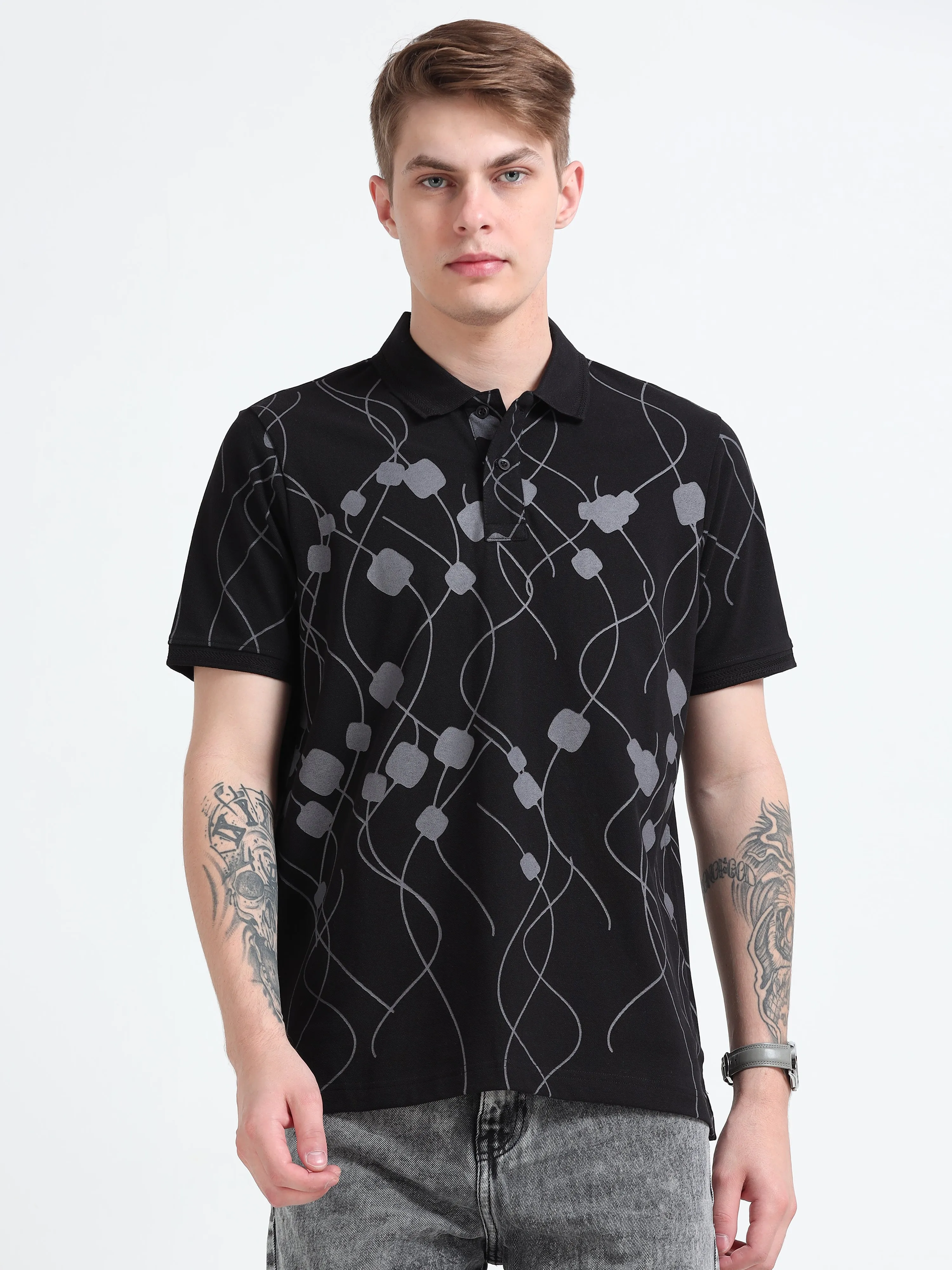 Bronson -Printed  Polo T Shirt - Black
