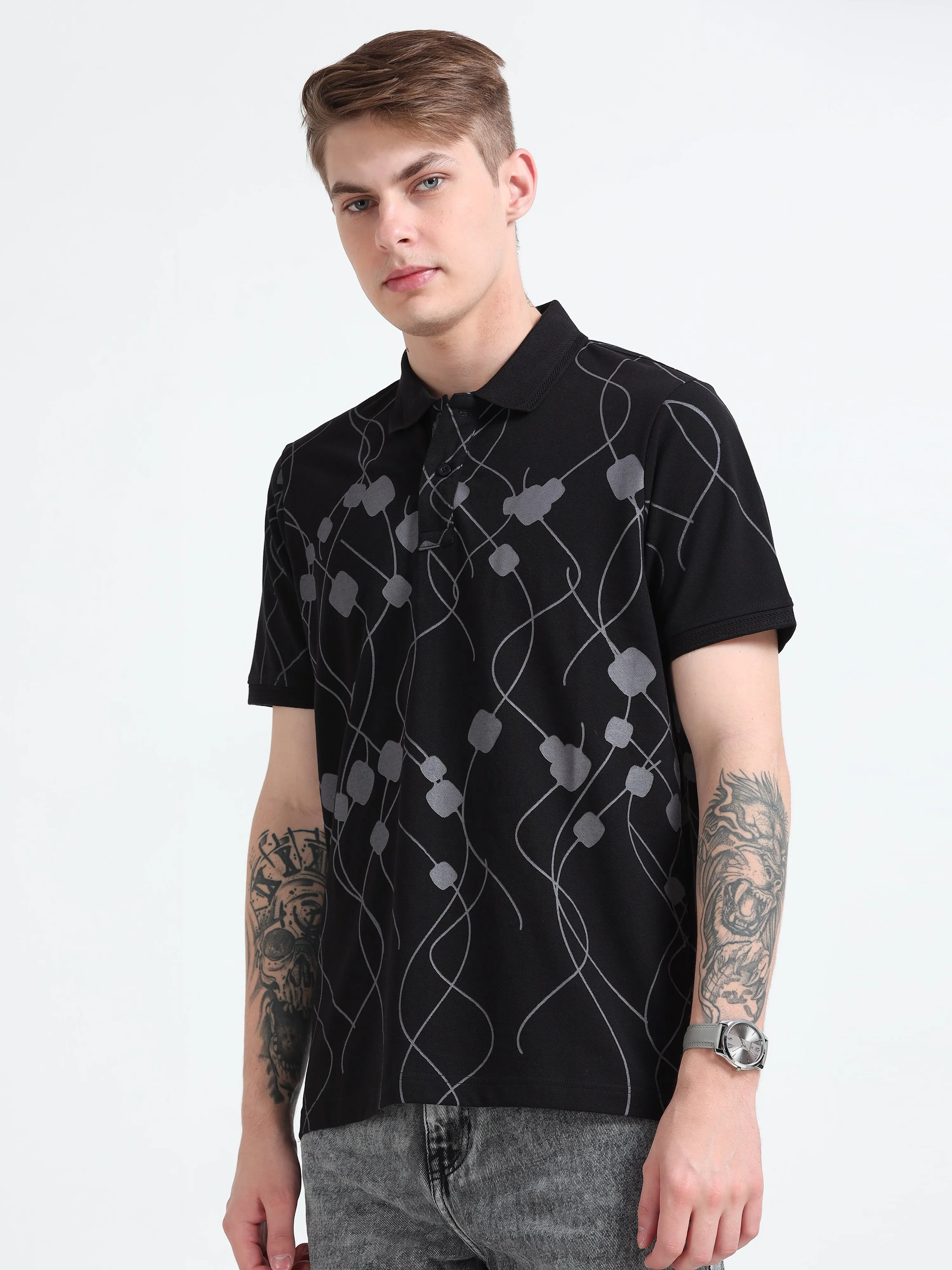 Bronson -Printed  Polo T Shirt - Black