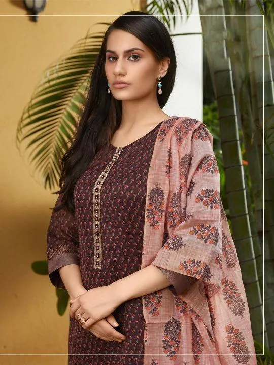 Brown Soft Silk Jacquard Print Semi Stitched Salwar Kameez With Dupatta