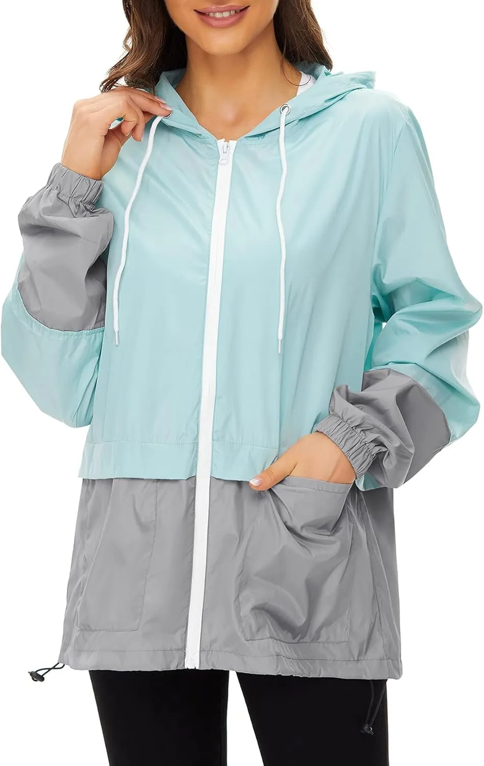 Cdiecer Women's Raincoat Waterproof Windbreaker Hoodie Sunscreen Zipper Jacket Lightweight Outdoor Hiking Color Block Jacket