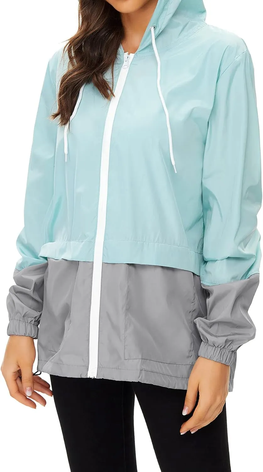 Cdiecer Women's Raincoat Waterproof Windbreaker Hoodie Sunscreen Zipper Jacket Lightweight Outdoor Hiking Color Block Jacket