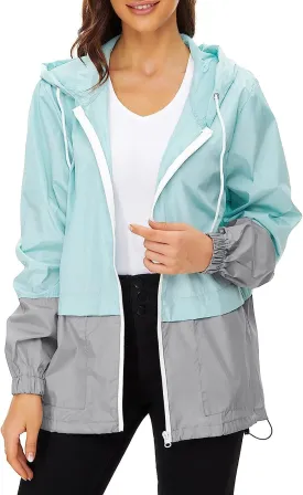 Cdiecer Women's Raincoat Waterproof Windbreaker Hoodie Sunscreen Zipper Jacket Lightweight Outdoor Hiking Color Block Jacket