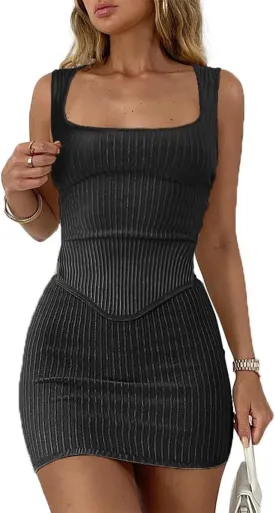 CHYRII Womens Sexy Summer Two Piece Outfits Square Neck Going Out Crop Top Bodycon Skirt Sets Mini Dress