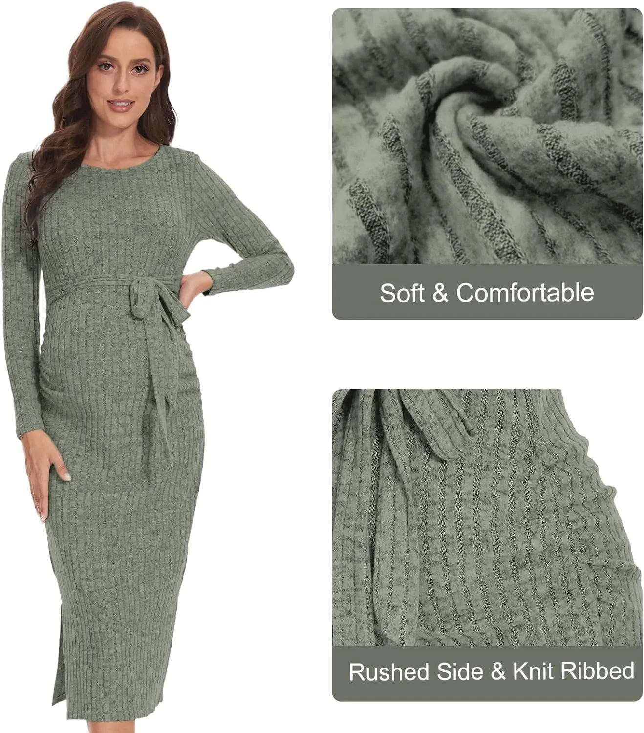 Crewneck Maternity Dress Rib Knit Long Sleeve Photoshoot Baby Shower Dresses Slit Pregnancy Sweater Clothes with Belt