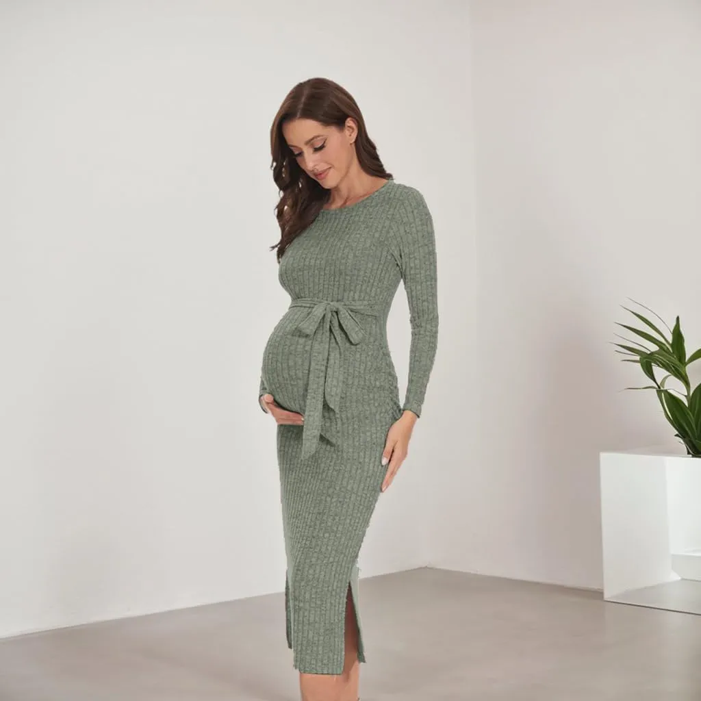 Crewneck Maternity Dress Rib Knit Long Sleeve Photoshoot Baby Shower Dresses Slit Pregnancy Sweater Clothes with Belt