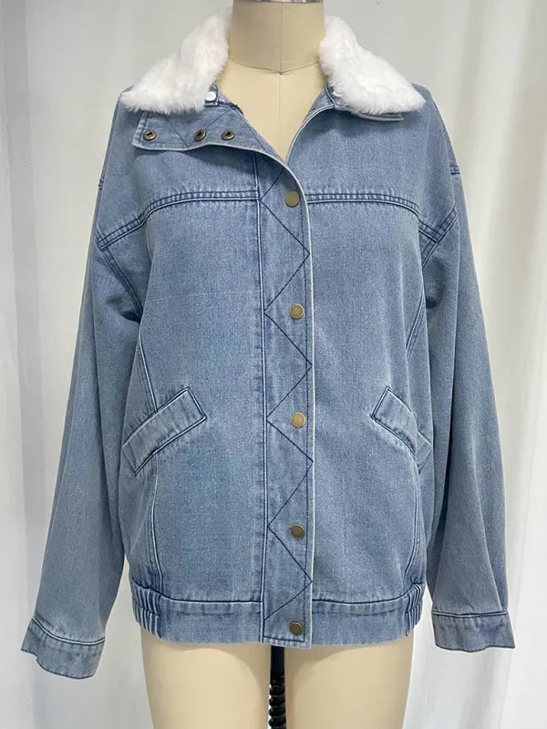 Denim Cotton Loose Fur Collar Large Lapel Double Pocket Quilted Jacket