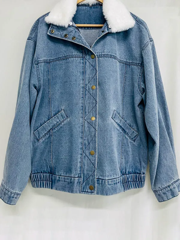 Denim Cotton Loose Fur Collar Large Lapel Double Pocket Quilted Jacket