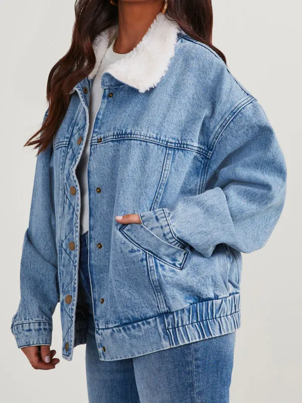 Denim Cotton Loose Fur Collar Large Lapel Double Pocket Quilted Jacket