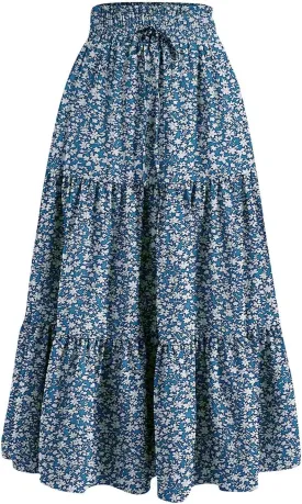 Floral Maxi Skirt for Women Flowy High Waisted Drawstring Ruffle Hem Skort Summer Trendy A-Line Vacation Beach Skirt