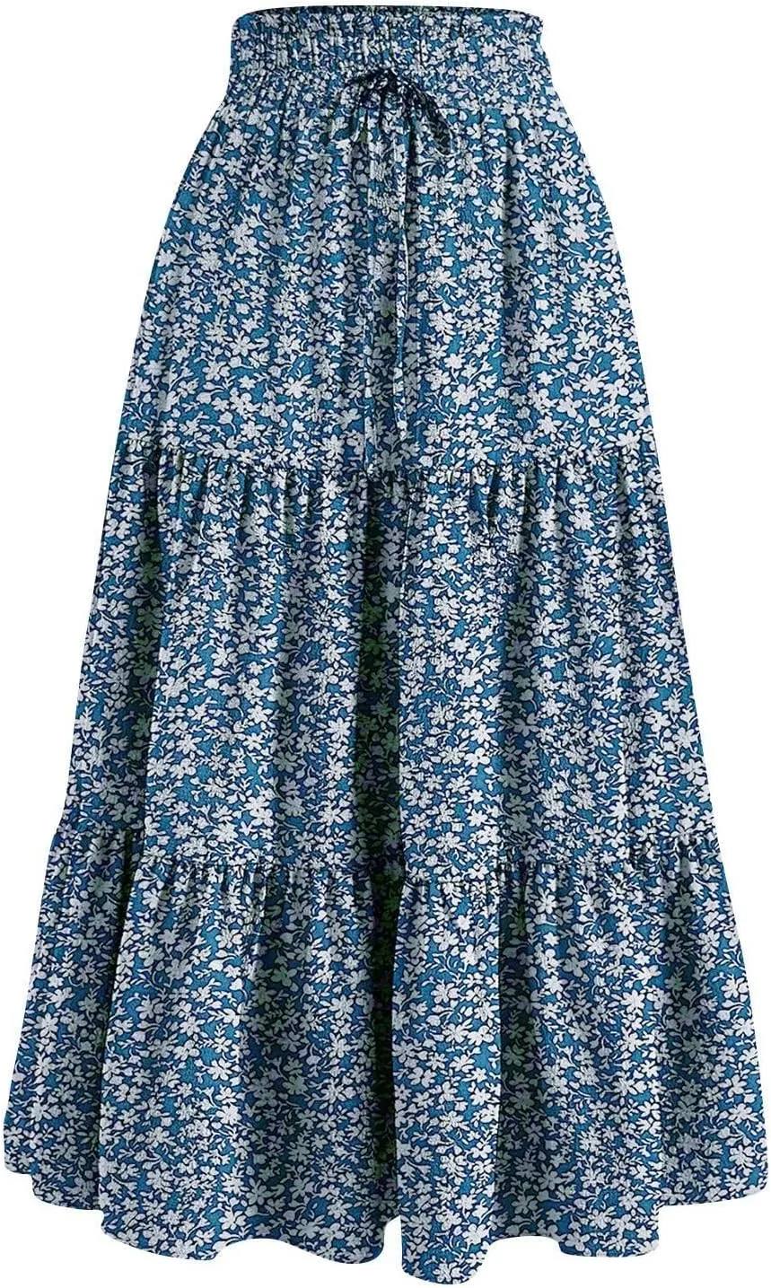 Floral Maxi Skirt for Women Flowy High Waisted Drawstring Ruffle Hem Skort Summer Trendy A-Line Vacation Beach Skirt