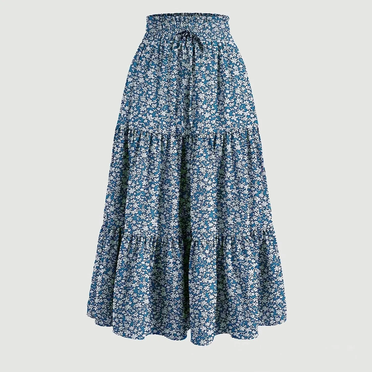 Floral Maxi Skirt for Women Flowy High Waisted Drawstring Ruffle Hem Skort Summer Trendy A-Line Vacation Beach Skirt