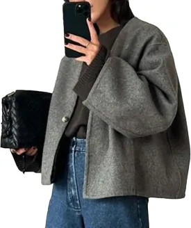 HOTIAN Women Plus Size Cropped Wool Blend Coats Long Sleeve Coat Jacket Peacoat Fall Winter Outwear Overcoat