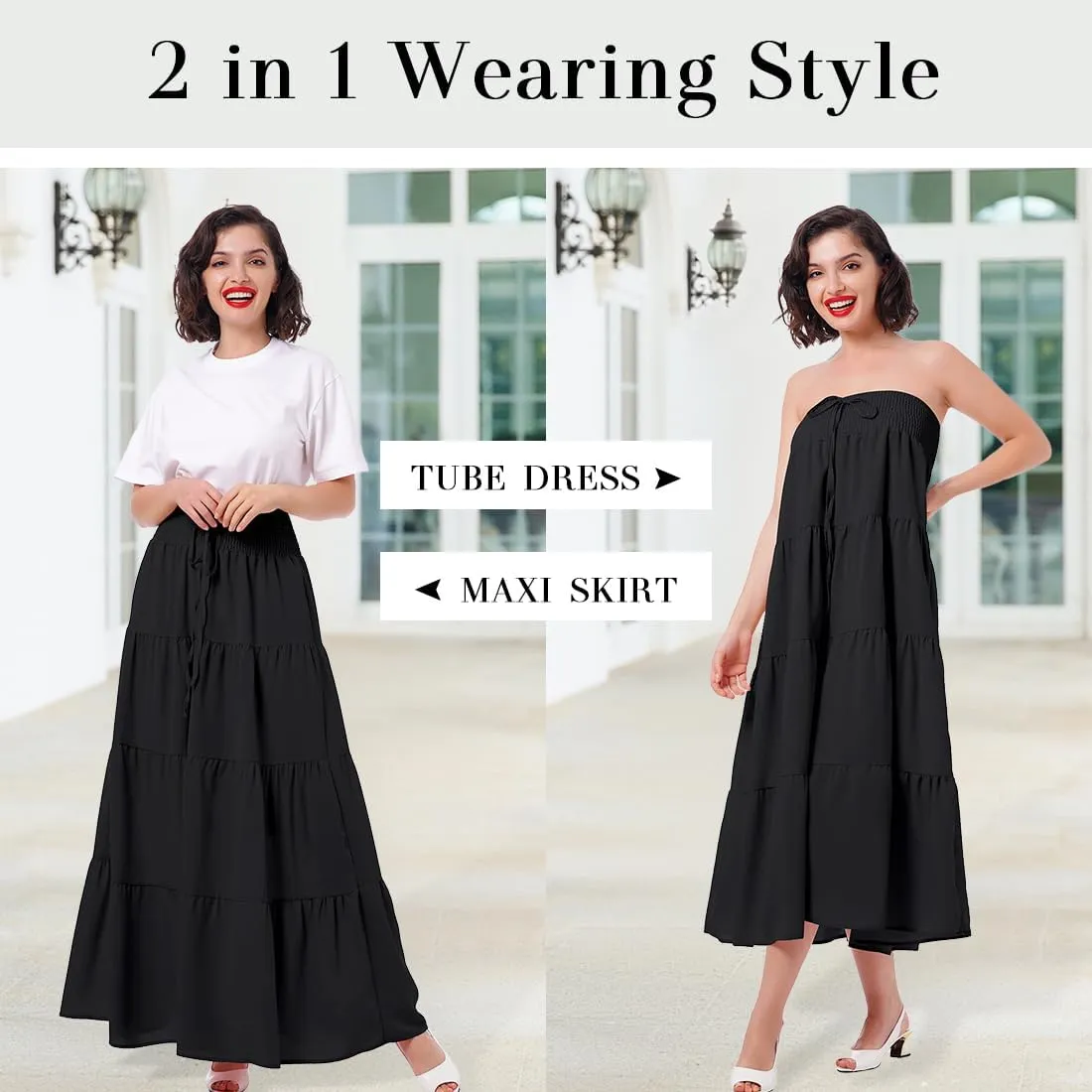 IWEMEK Women Boho Elastic Waist A Line Ruffle Beach Convertible Maxi Skirt Dress Tired Pleated Drawstring Chiffon Long Skirts