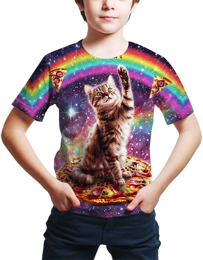 Kids Print 3D Galaxy Cat Funny Graphic Pattern Tees Shirts for Youth Boys Girls 4-14 Years