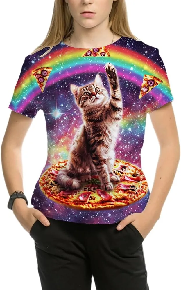 Kids Print 3D Galaxy Cat Funny Graphic Pattern Tees Shirts for Youth Boys Girls 4-14 Years