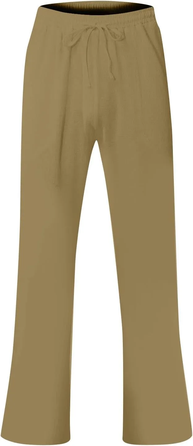 Linen Pants Men Loose Fit Summer Drawstring High Waisted Beach Pants Lightweight Straight Leg Trousers with Pockets