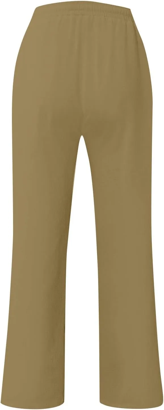 Linen Pants Men Loose Fit Summer Drawstring High Waisted Beach Pants Lightweight Straight Leg Trousers with Pockets