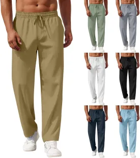 Linen Pants Men Loose Fit Summer Drawstring High Waisted Beach Pants Lightweight Straight Leg Trousers with Pockets
