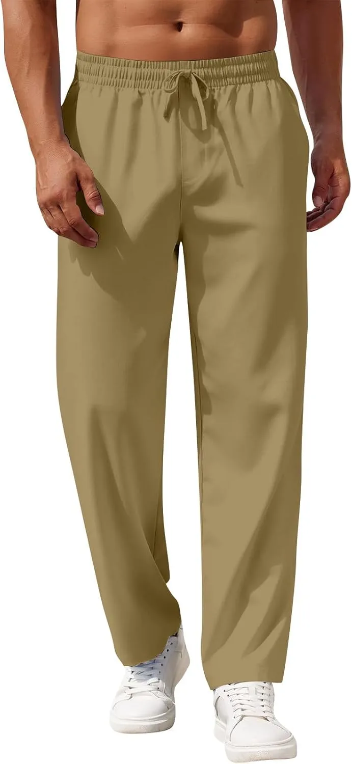 Linen Pants Men Loose Fit Summer Drawstring High Waisted Beach Pants Lightweight Straight Leg Trousers with Pockets