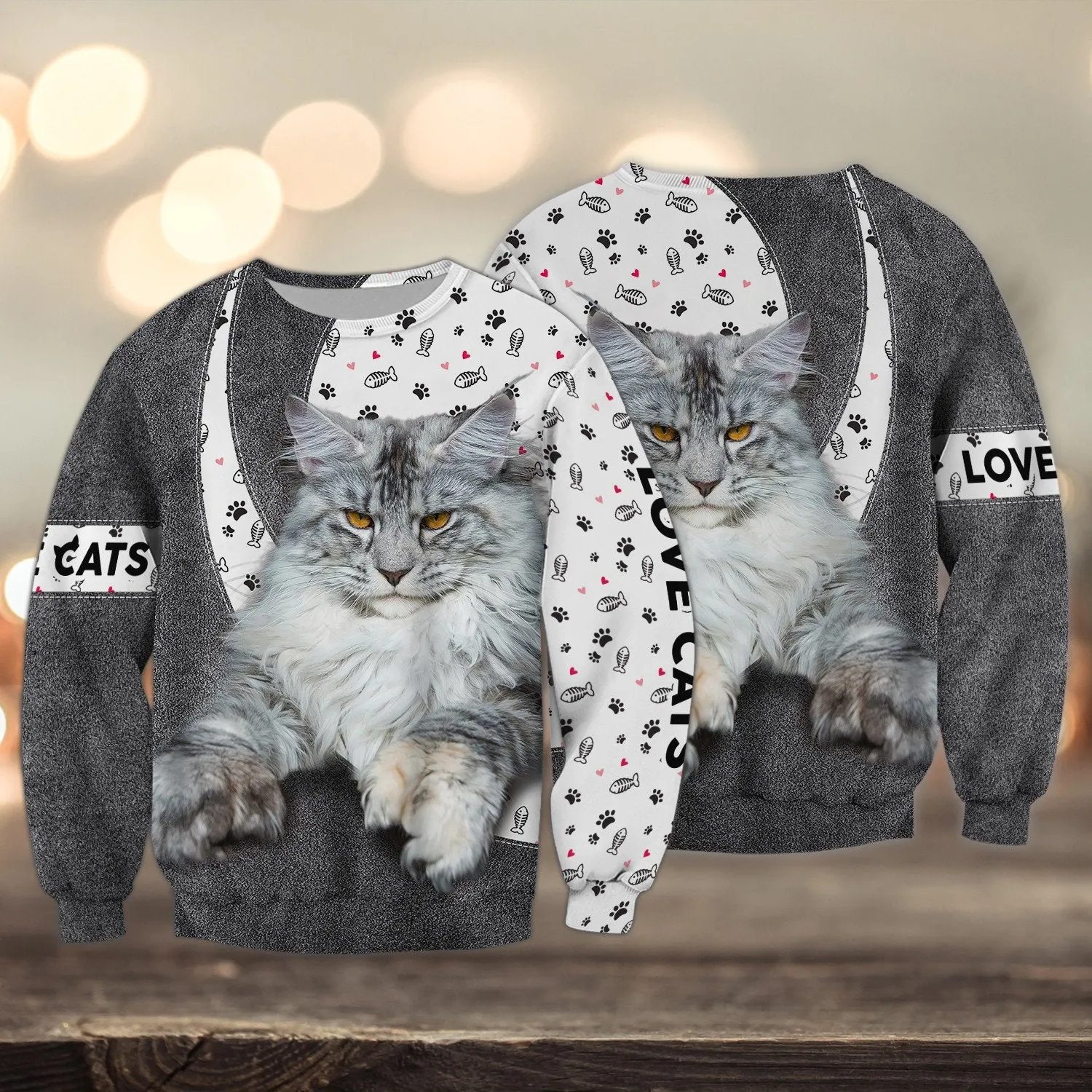 Love Cats Snow Christmas Maine Coon 3D Full Print Shirts, Sweatshirt for Cat Lovers