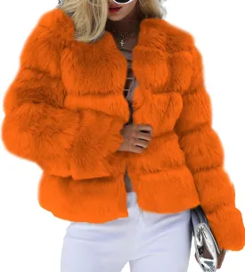 loveimgs Women Warm Fluffy Cropped Puffer Jacket Faux Fur Coat Crop Parka Collarless Winter Teddy Bear Coat Overcoat