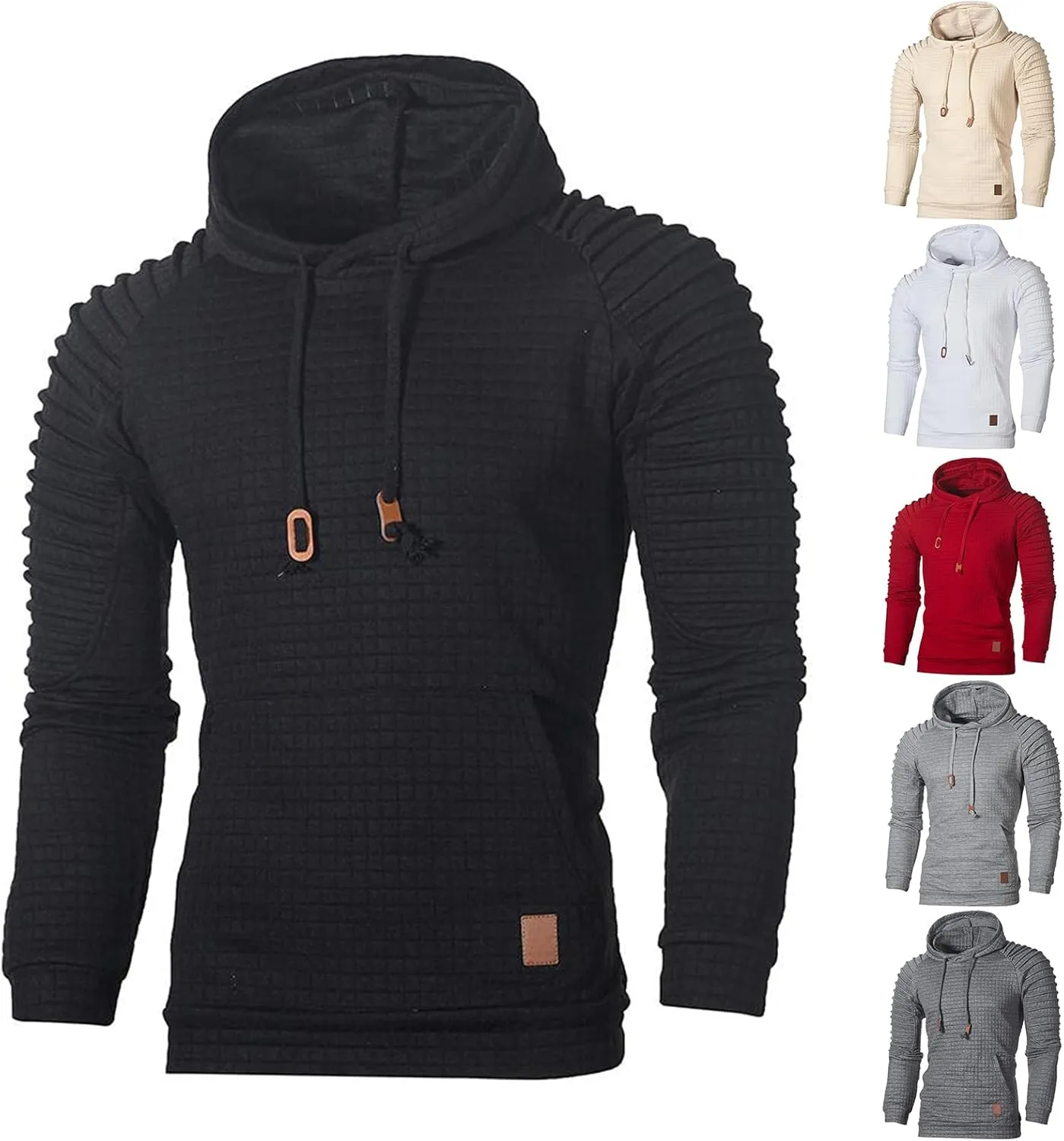 Mens Hoodies Pullover Casaul Long Sleeve Drawstring Hoodie Waffle Knit Hooded Sweatshirts for Men with Pocket