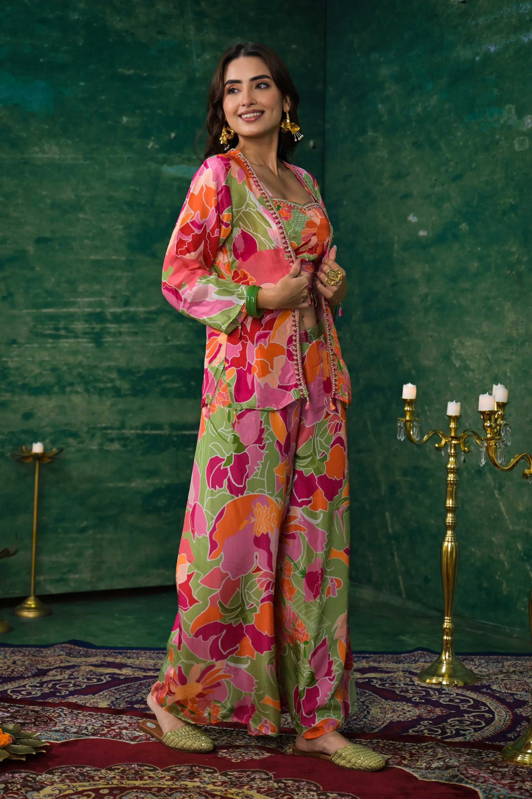 Multicolor Digital Printed Premium Silk Jacket Co-Ord Set