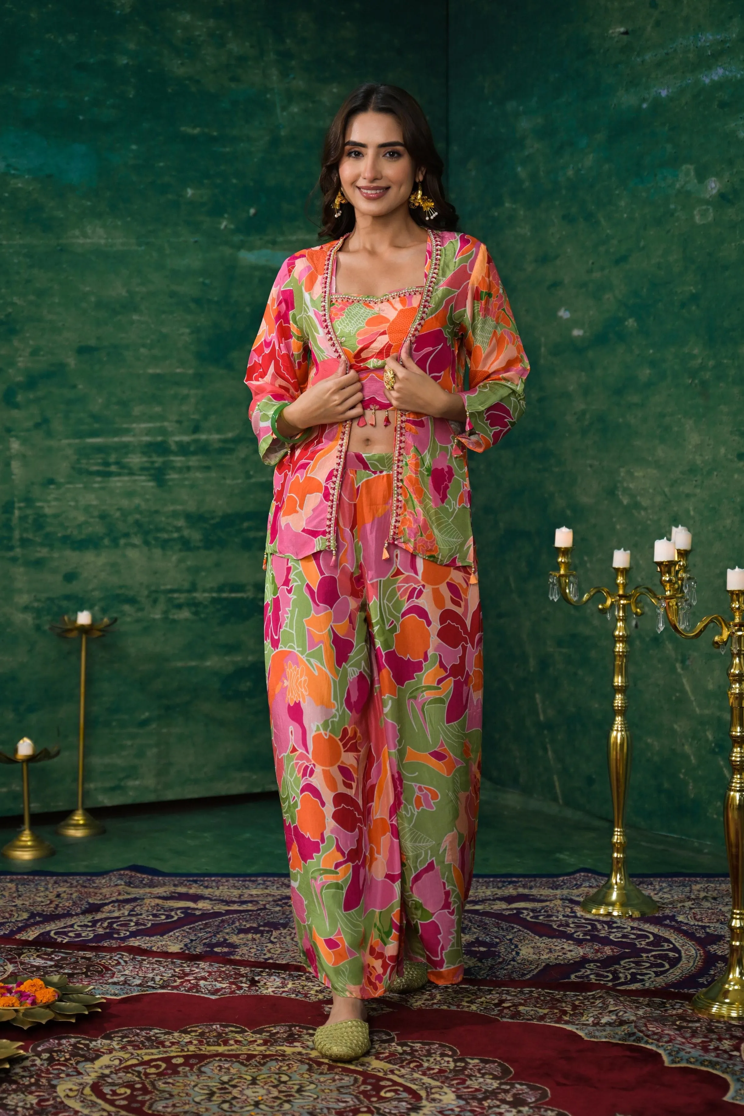 Multicolor Digital Printed Premium Silk Jacket Co-Ord Set