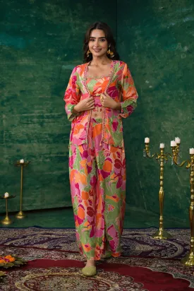 Multicolor Digital Printed Premium Silk Jacket Co-Ord Set