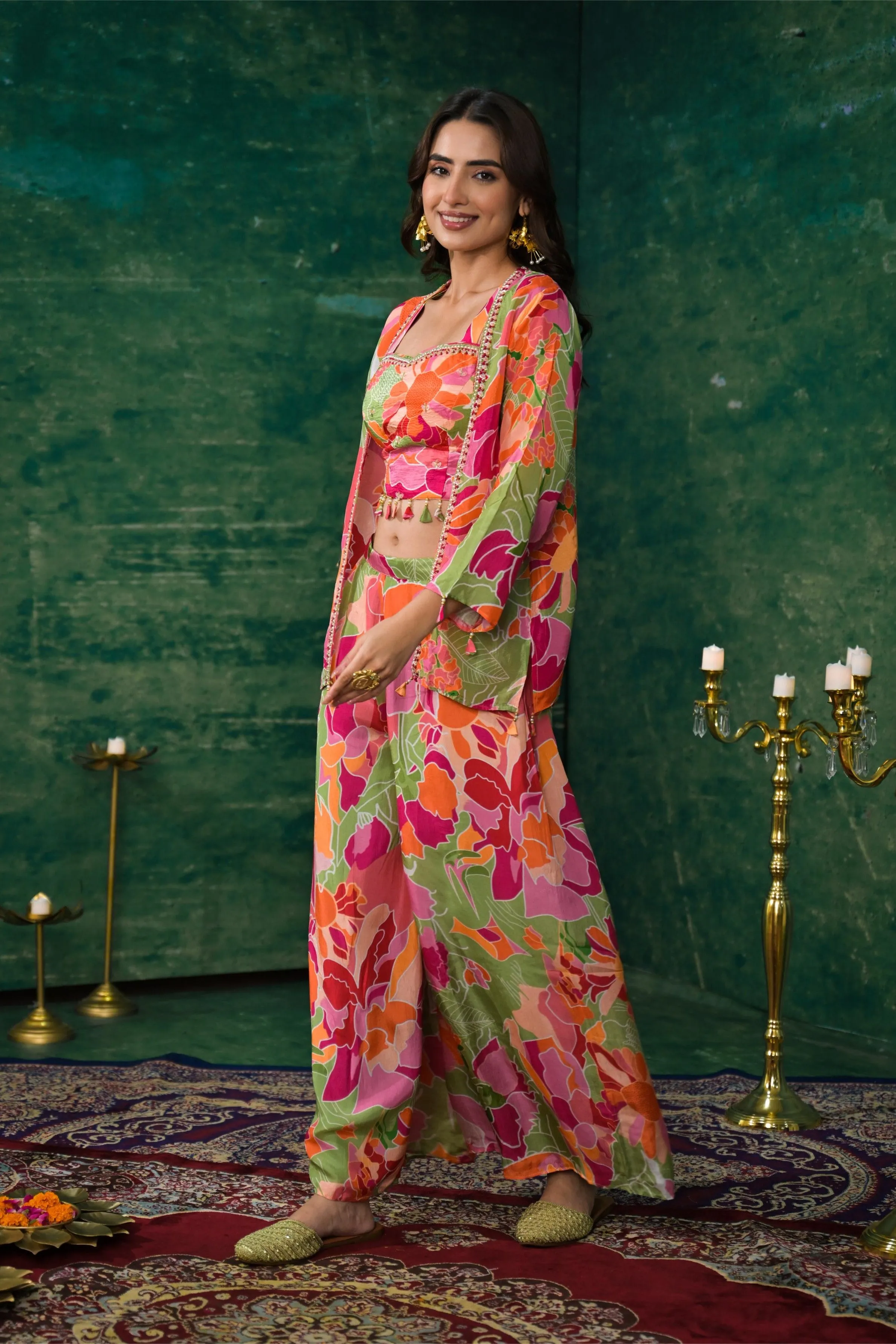 Multicolor Digital Printed Premium Silk Jacket Co-Ord Set