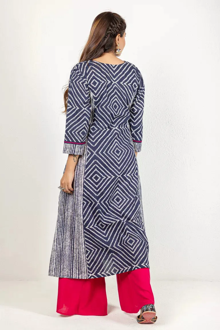 Navy Blue Cotton Printed Kurta