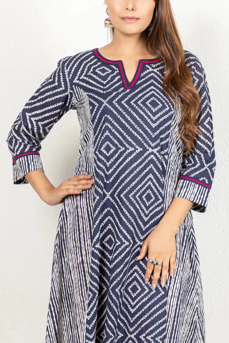 Navy Blue Cotton Printed Kurta