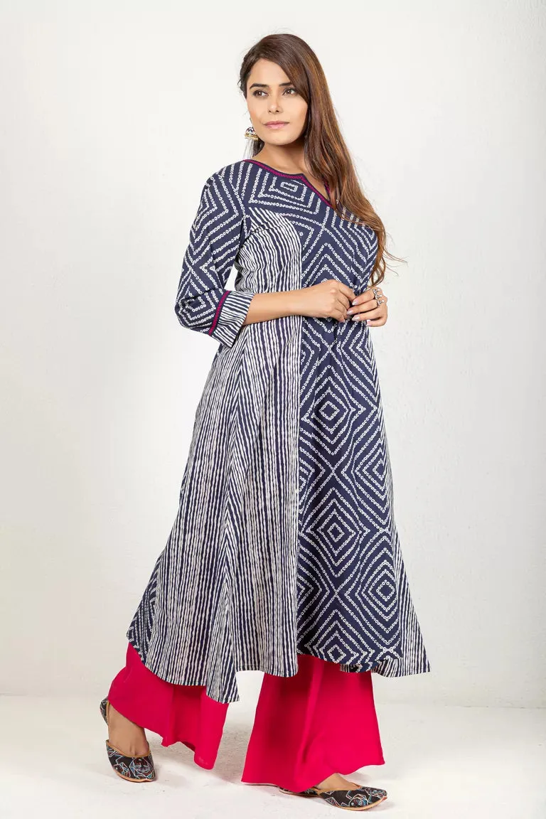 Navy Blue Cotton Printed Kurta