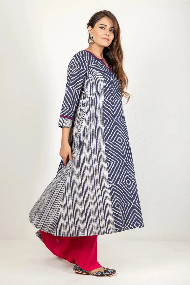 Navy Blue Cotton Printed Kurta