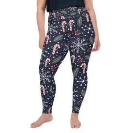 Plus Size Christmas Leggings, Snow Sugar Candy Cane Snowflakes Winter Workout Yoga Pants Mommy and Me Matching Xmas Holiday (2XL-6XL)
