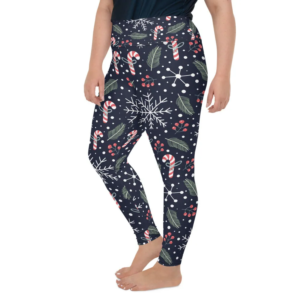Plus Size Christmas Leggings, Snow Sugar Candy Cane Snowflakes Winter Workout Yoga Pants Mommy and Me Matching Xmas Holiday (2XL-6XL)