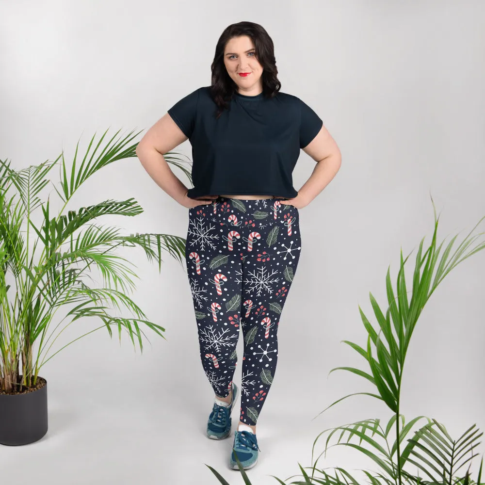 Plus Size Christmas Leggings, Snow Sugar Candy Cane Snowflakes Winter Workout Yoga Pants Mommy and Me Matching Xmas Holiday (2XL-6XL)