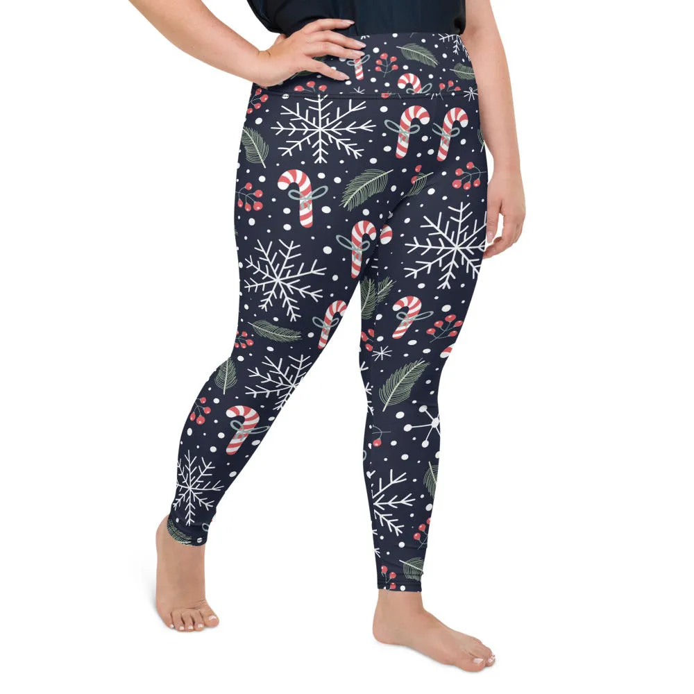 Plus Size Christmas Leggings, Snow Sugar Candy Cane Snowflakes Winter Workout Yoga Pants Mommy and Me Matching Xmas Holiday (2XL-6XL)