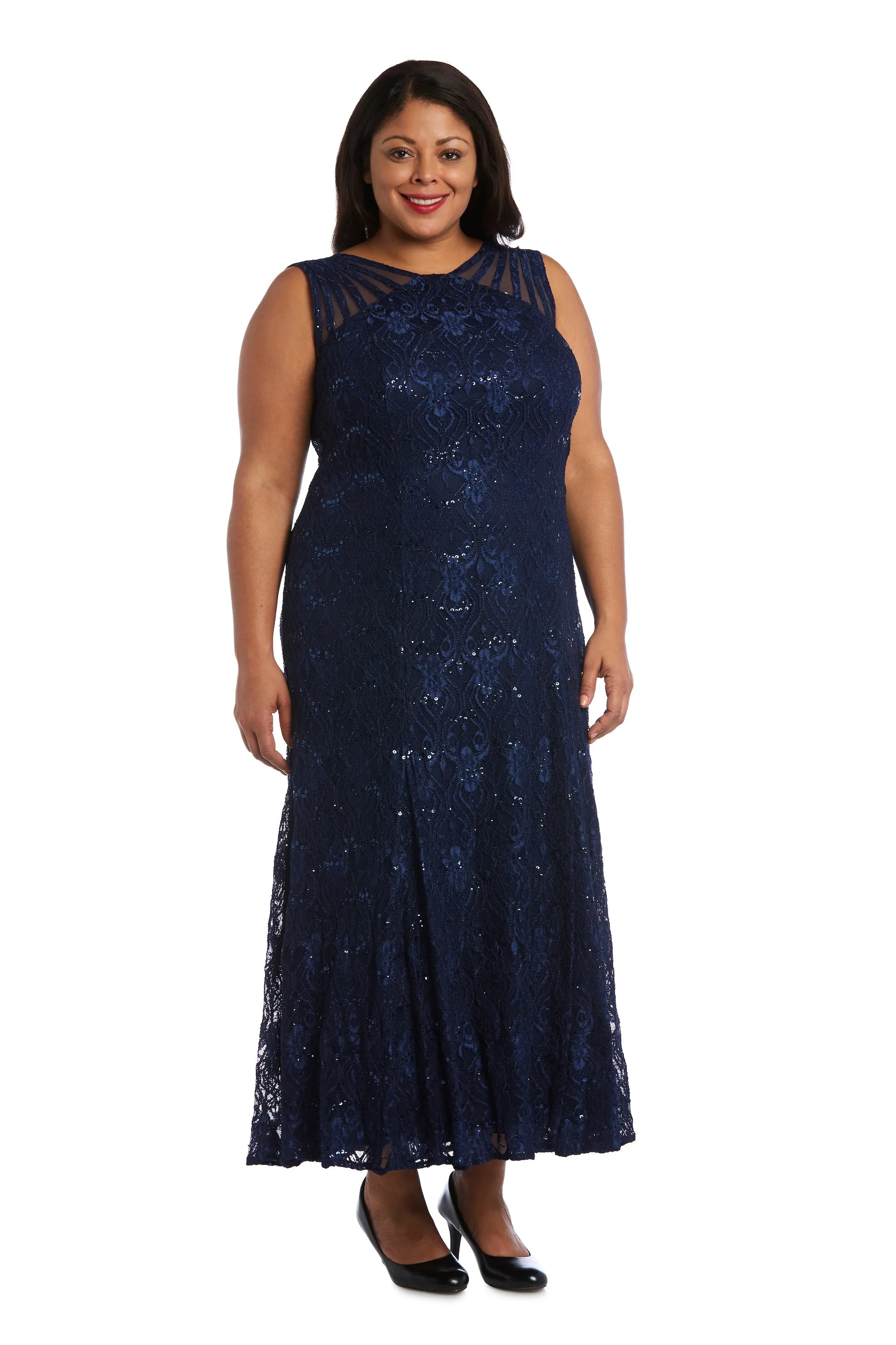 Plus Size Sequined Lace Gown with Sheer Inserts