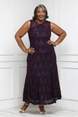 Plus Size Sequined Lace Gown with Sheer Inserts