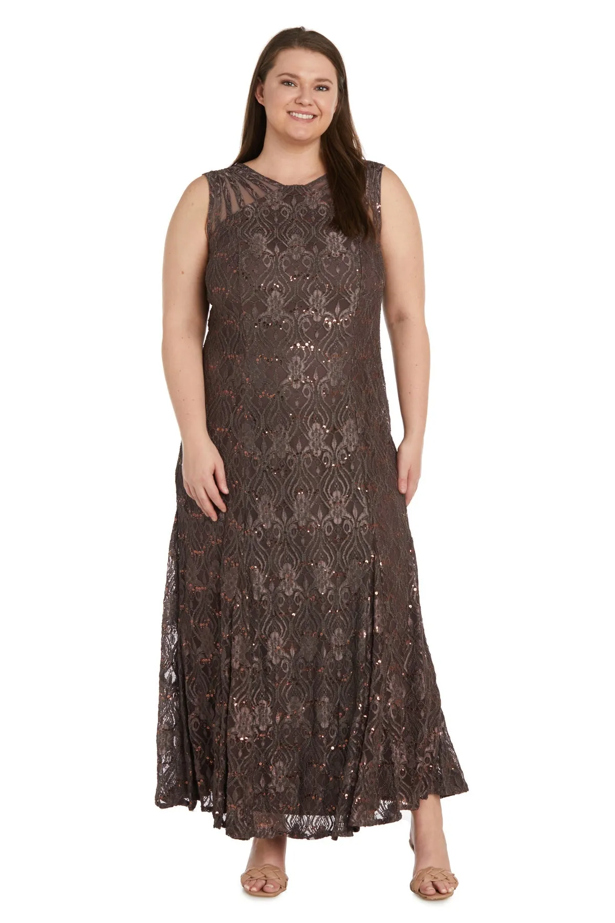 Plus Size Sequined Lace Gown with Sheer Inserts